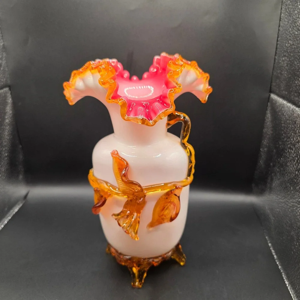 Vintage Stevens & Williams Pink Cased Glass Vase Applied Amber Floral Ruffle 11